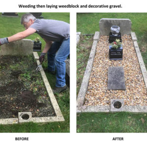 Volunteer tidies unvisited grave - July 2017.