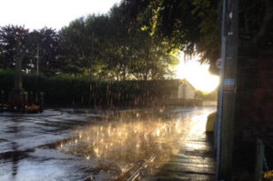 Rain dancing in a puddle outside the cemetery - gently lit by the evening sun - July 2017